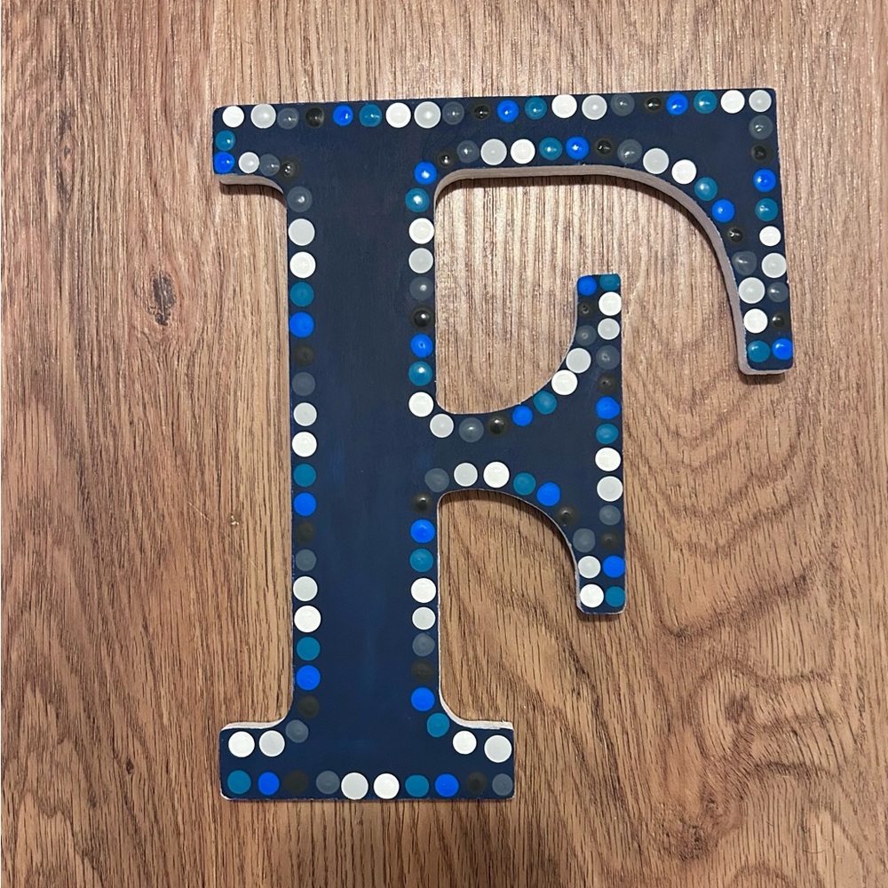 Decorative Handoainted Wooden Letter F with Blue and Gray Accents